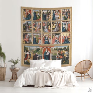 The Fifteen Mysteries and the Virgin of the Rosary, Religious wall art, Christianity wall tapestry, Church decoration. REL016