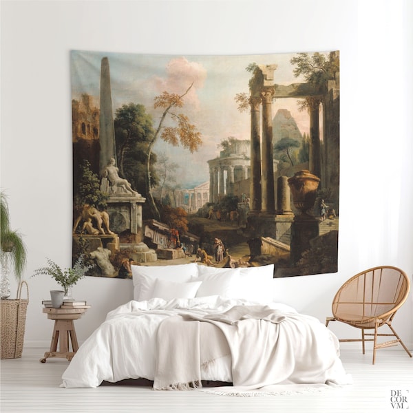Wall hanging tapestry of Landscape with Classical Ruins and Figures, Italian art from the 18th century, wall decoration or backdrop. LAN031
