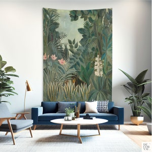 Henri Rousseau Painting, Cotton tapestry, Naive Art, Wall decor, Home Decoration, The Equatorial Jungle, Wall Hanging fabric. HER002EU