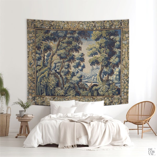 Verdure wall tapestry printed on POLYESTER microfibre, Greenery wall hanging, Antique French tapestry, Cottagecore decor. TRE005