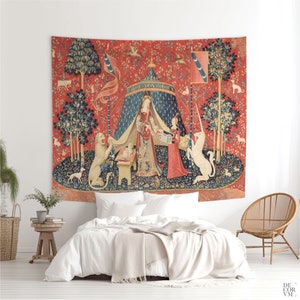 Unicorn tapestry The Lady and the Unicorn (USA VERSION), Middle ages wall decorating, Medieval tapestries (Printed), 15th Century. UNI001