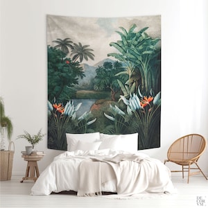 Tropical jungle wall tapestry, Vintage illustration from the 19th century (modified), Trees and flora wall hanging fabric (printed). MIS003