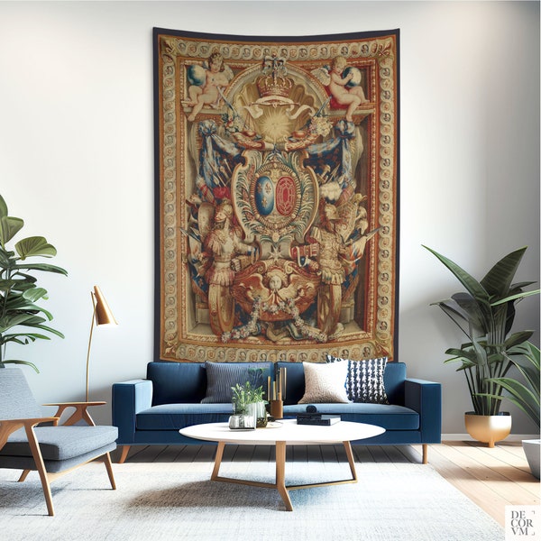 French coats of arms wall hanging fabric, 18th century textile art printed on cotton fabric for wall decoration or space divider. FRE013EU