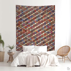 Hexagon Quilt Wall Tapestry – 1860s Mosaic Pattern, Colorful Victorian Style