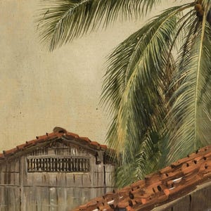 Puede incluir: Pintura al &oacute;leo de una escena tropical con un edificio de madera, tejados de tejas rojas y una gran palmera. La obra de arte tiene una est&eacute;tica vintage, con una paleta de colores apagados y pinceladas visibles, evocando calidez y nostalgia.
