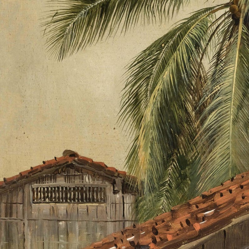 Puede incluir: Pintura al &oacute;leo de una escena tropical con un edificio de madera, tejados de tejas rojas y una gran palmera. La obra de arte tiene una est&eacute;tica vintage, con una paleta de colores apagados y pinceladas visibles, evocando calidez y nostalgia.