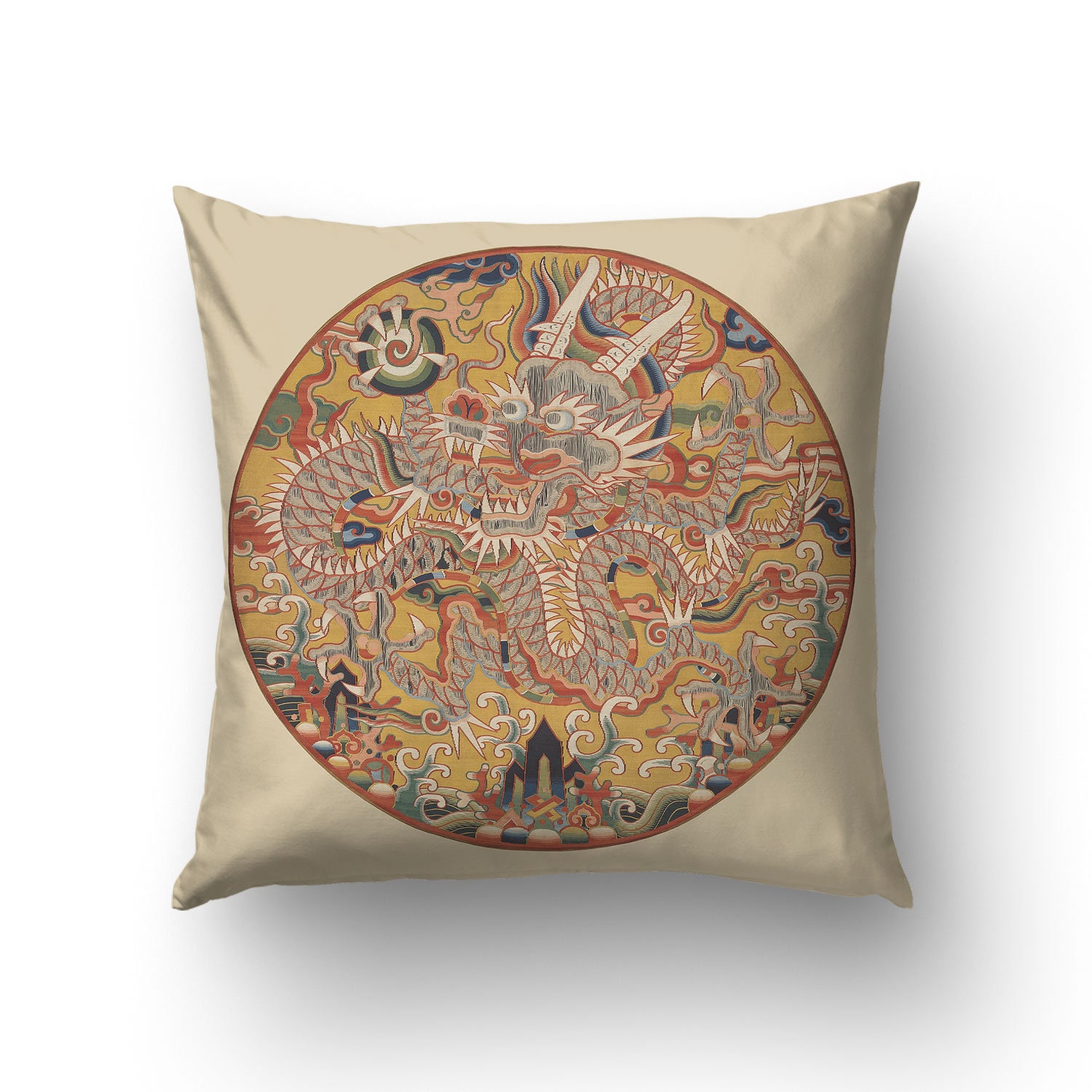 Dragon Medallion Throw Pillow Cover, Chinese Art, Ming Dynasty, Chinoiserie Style, Oriental Room Dec
