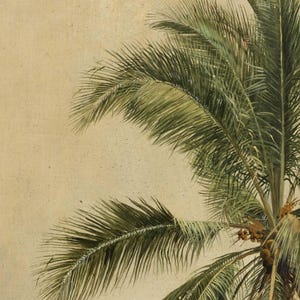 Puede incluir: Pintura detallada de una palmera con hojas verdes y un fondo beige. Las hojas de la palmera son largas y delgadas, con una ligera curva. El fondo es de color beige s&oacute;lido, creando una sensaci&oacute;n de profundidad y contraste.