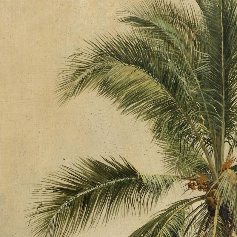 Puede incluir: Pintura detallada de una palmera con hojas verdes y un fondo beige. Las hojas de la palmera son largas y delgadas, con una ligera curva. El fondo es de color beige s&oacute;lido, creando una sensaci&oacute;n de profundidad y contraste.