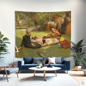 Victorian Garden Picnic Wall Tapestry for Living Room, Sunlit Family Scene for Designers. TIS001 image 9