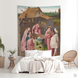 Tapiz de la Adoración de los Magos de El Bosco, decoración religiosa para pared, idea de regalo cristiano, arte con escenas bíblicas. BOS001