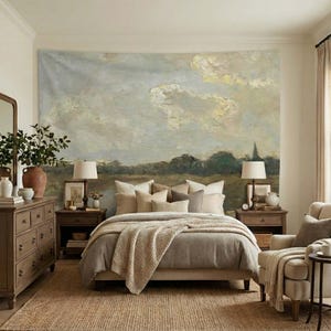 Tapiz mural con paisaje fluvial campestre para dormitorio y sala de estar en tonos neutros suaves. LAN017