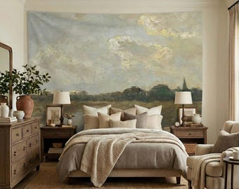 Pastoral River Landscape Wall Tapestry for Bedroom and Living Room in Soft Neutrals. LAN017