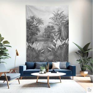Black and white vintage tropical illustration on a wall tapestry, Large wall decor printed fabric. MIS003BEU