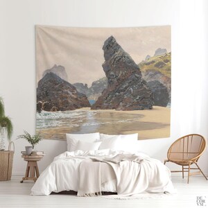 Seascape tapestry, Wall Tapestries, Rocks Landscape, Kynance Art Tapestry John Brett Oil Painting Print, Wall hanging, Home decor. LAN001