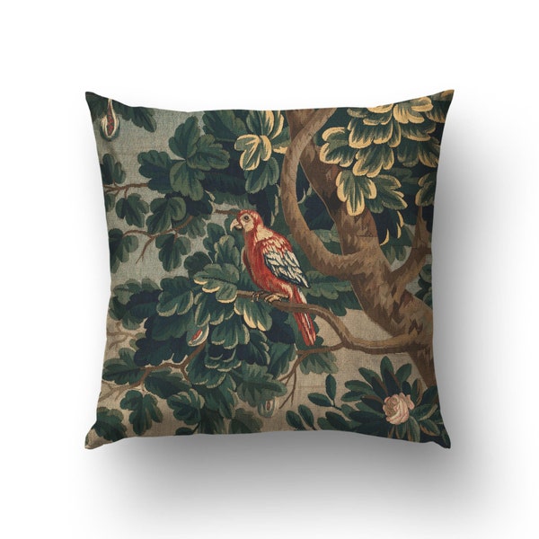 Cushion cover with details of birds from the French 18th century tapestry Verdure Chateau and Garden, printed in cotton fabric. TRE008P2EU