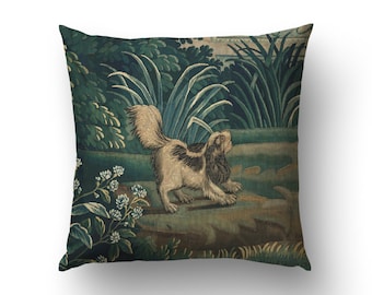 Cushion cover with details of dog and bird from the French 18th century tapestry Verdure Chateau and Garden, on cotton fabric. TRE008P3EU