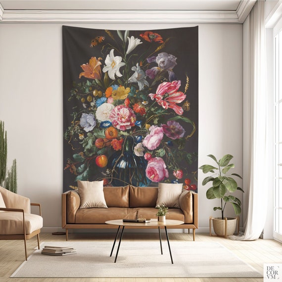 Floral Tapestry, Flemish Art Decor, Black Background, Dutch