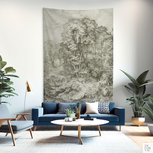 Waldbehang einfarbiger Druck, Baumkunst, Wandbehang, rustikaler Wandbehang, Naturstoff. LAN022EU