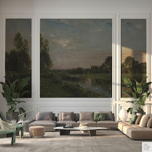 River landscape wall mural, Country side oil painting from the 19th century on wallpaper for large wall decor. Interior design. CFD004