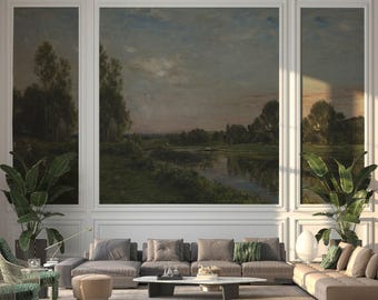 19th Century French River Valley Landscape Mural, Pastoral Oil Painting Wallpaper | CFD004