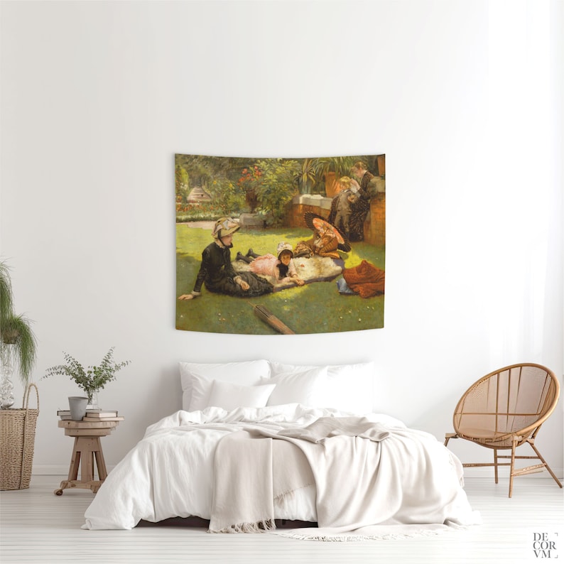 May include: A tapestry featuring a vintage painting of a family picnic in a garden. The artwork depicts figures in period clothing, seated on the grass under the sunlight. The color palette includes greens, browns, and soft pastels, creating a serene and classic aesthetic.