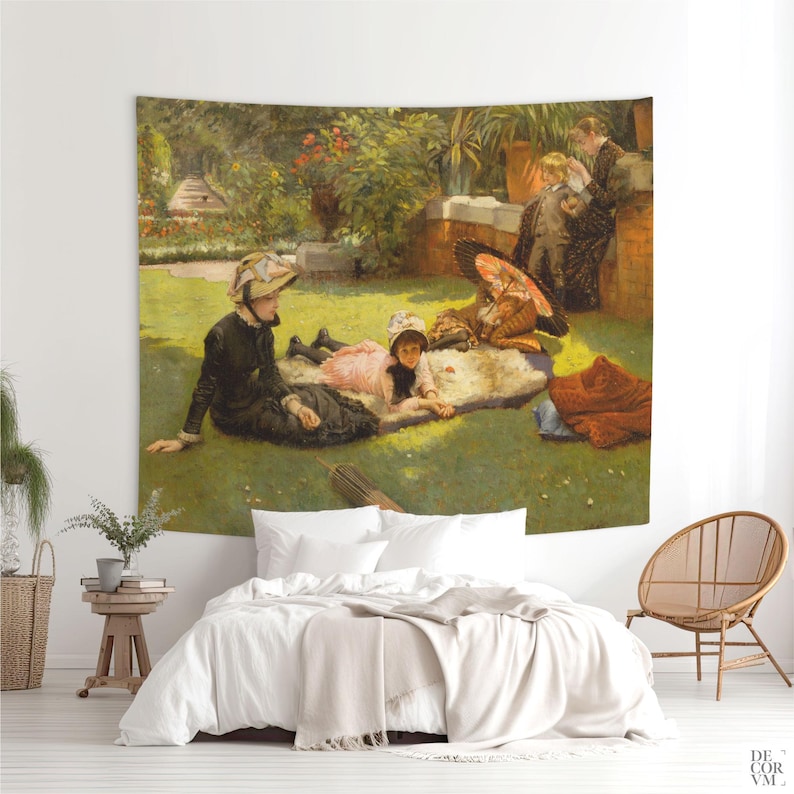 Victorian Garden Picnic Wall Tapestry for Living Room, Sunlit Family Scene for Designers. TIS001 Microfibre 104x88
