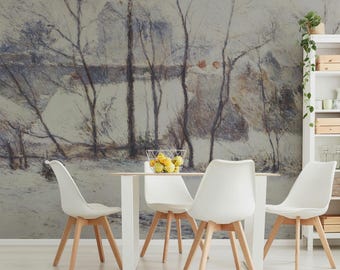 Wallpaper with French landscape under the snow.  Impressionist art for wall decor. GAU002