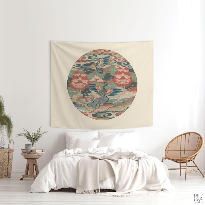 Peacock Medallion Tapestry, Ming Dynasty Style Wall Hanging, Printed in USA. CHI004 image 9