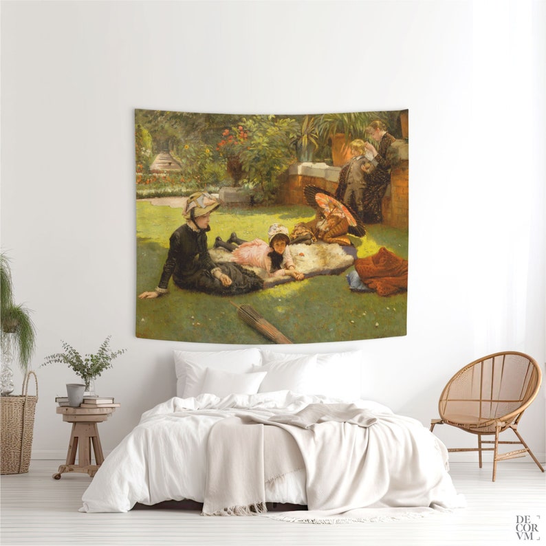 May include: A tapestry featuring a vintage painting of a family picnic in a garden. The artwork depicts figures in period clothing, seated on a blanket under a parasol. The scene is set on a green lawn with trees and flowers in the background.