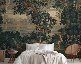 May include: A bedroom with a large tapestry-style mural depicting a lush garden scene with trees, birds, and a distant building. The bed has white linens and a beige throw. A wicker chair and wooden side table complete the room.