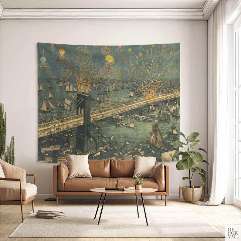 Brooklyn Bridge Fireworks Wall Tapestry for Living Room, 1883 New York Vintage Decor. MAP002 image 1