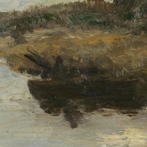 The image is an oil painting depicting a landscape with a dark, moody background and a lighter, more vibrant foreground.