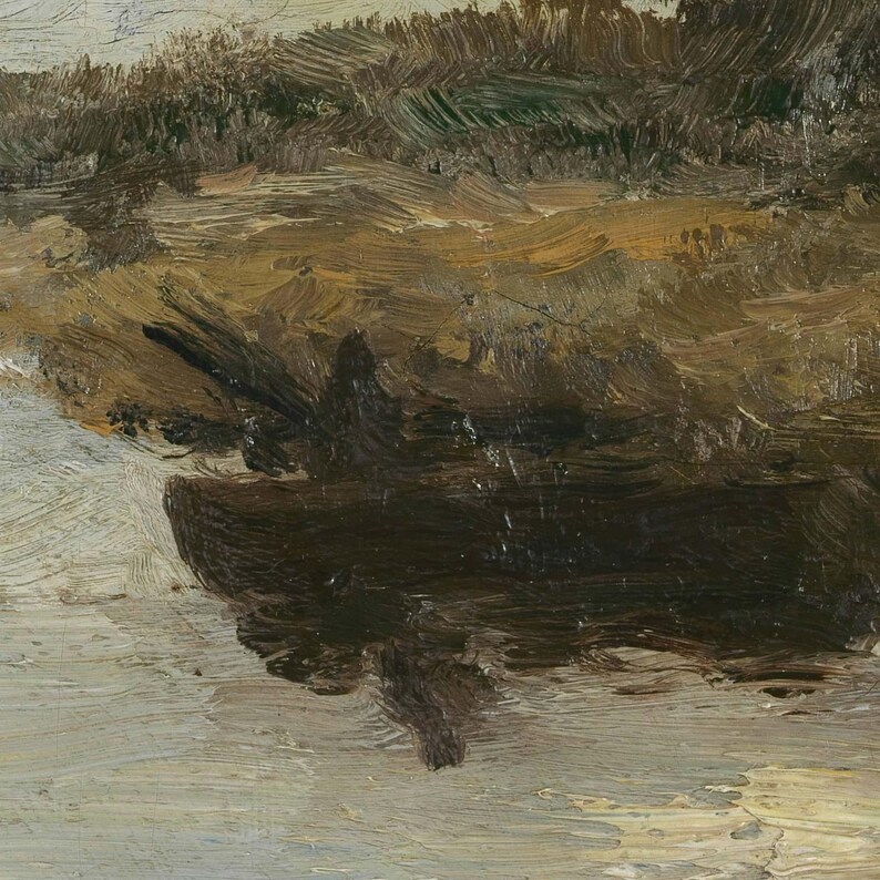 The image is an oil painting depicting a landscape with a dark, moody background and a lighter, more vibrant foreground.