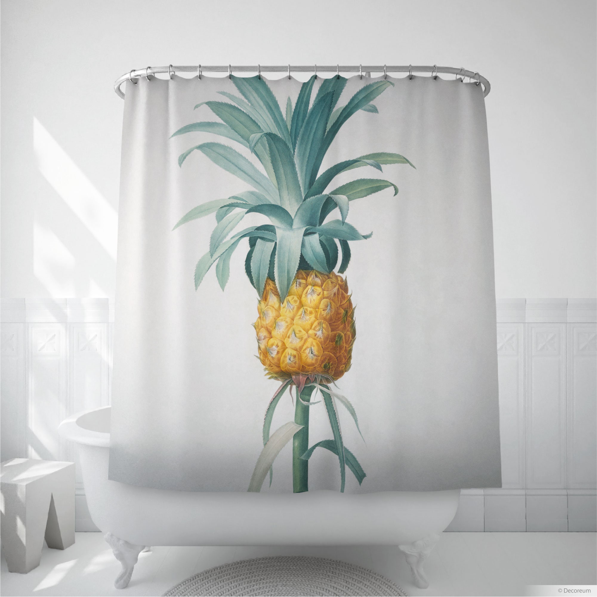 Shower Curtain Of A Vintage Ananas Print Botanic Illustration Etsy