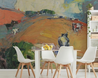 Colorful Cow Landscape Wallpaper Mural, Peel and Stick or Non-Pasted. IMP004