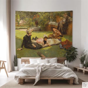 Victorian Garden Picnic Wall Tapestry for Living Room, Sunlit Family Scene for Designers. TIS001 image 1