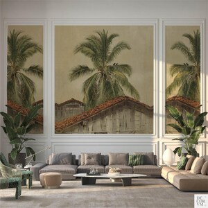 Puede incluir: Sal&oacute;n moderno con un gran sof&aacute; seccional gris, una mesa de centro y una alfombra. La pared est&aacute; adornada con un mural de palmeras y una escena tropical. Las plantas en macetas y las l&aacute;mparas completan el ambiente.