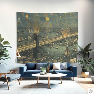 Brooklyn Bridge Fireworks Wall Tapestry for Living Room, 1883 New York Vintage Decor. MAP002 image 8