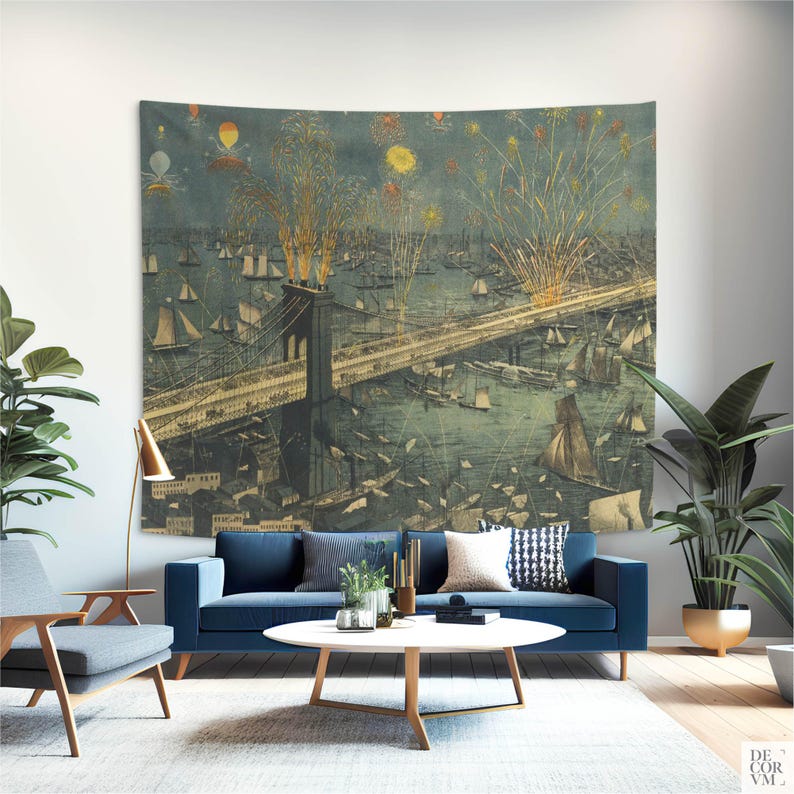 Brooklyn Bridge Fireworks Wall Tapestry for Living Room, 1883 New York Vintage Decor. MAP002 image 8