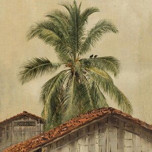 Puede incluir: Una pintura art&iacute;stica representa una escena tropical. Una alta palmera con frondas verdes domina el centro, con dos peque&ntilde;os p&aacute;jaros posados en la parte superior. Debajo, se ve un edificio con un tejado de tejas rojas.