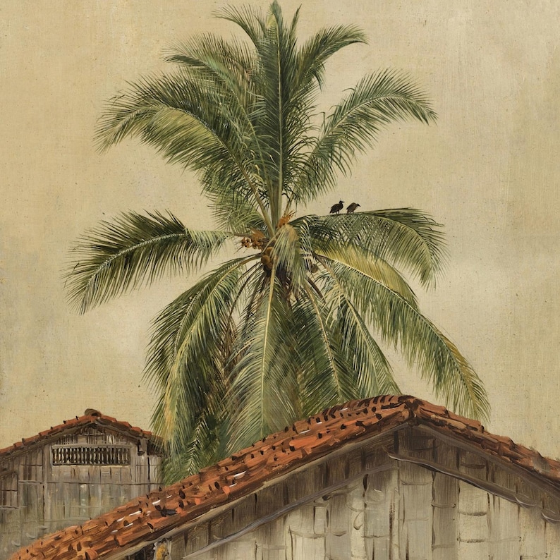 Puede incluir: Una pintura art&iacute;stica representa una escena tropical. Una alta palmera con frondas verdes domina el centro, con dos peque&ntilde;os p&aacute;jaros posados en la parte superior. Debajo, se ve un edificio con un tejado de tejas rojas.