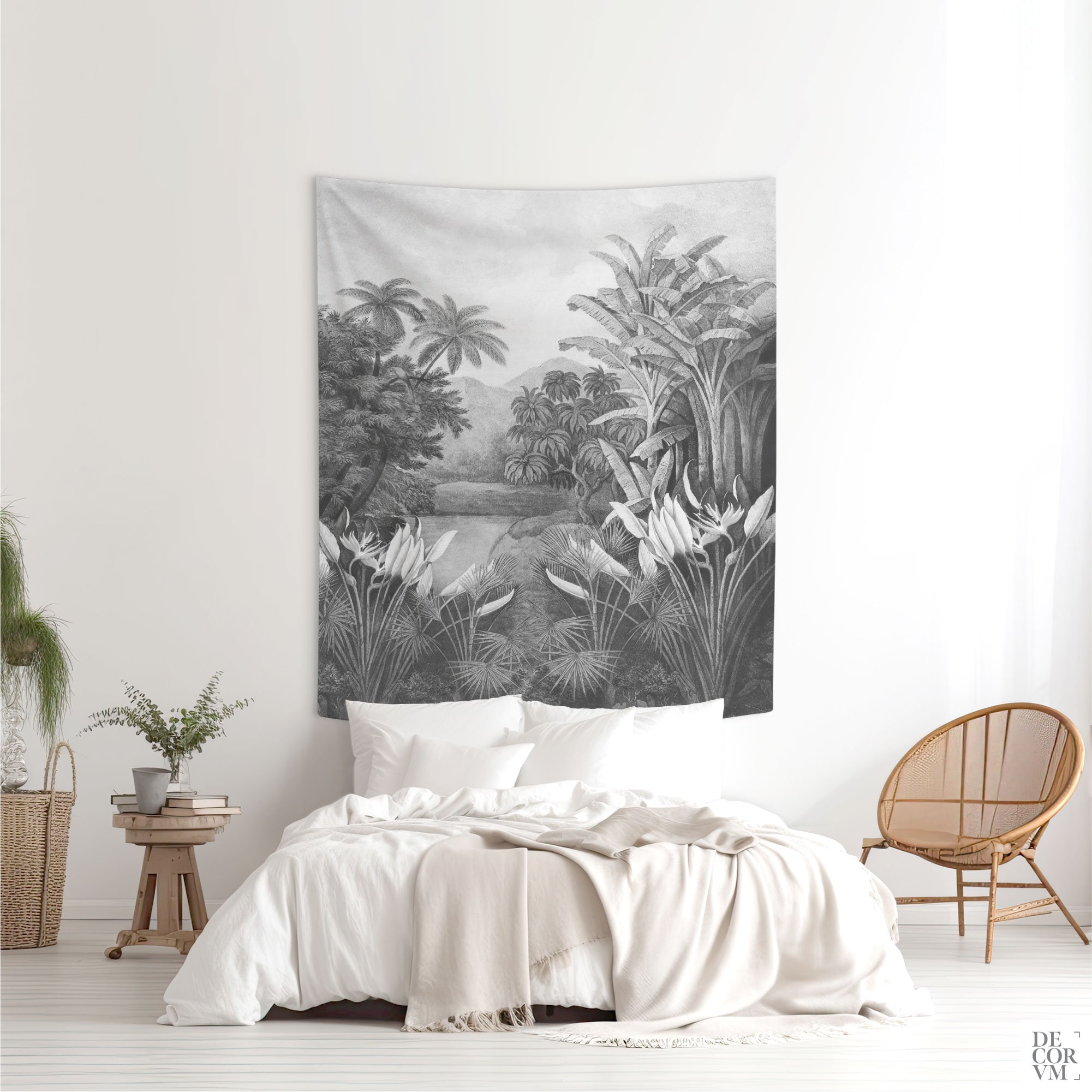 Tissu suspendu noir et blanc jungle tropicale, décoration murale  illustration vintage, Arbres et flore imprimé. MIS003B -  France