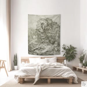 Forest tapestry monochrome print, Tree wall art drawing, German artist, Fabric wall hanging. LAN022EU 190x150 cm | 75x60 inches