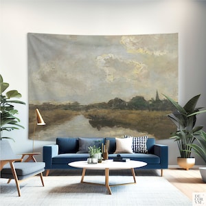 Oil painting landscape tapestry in cotton fabric 118"x38", Muted wall art for room decoration or photo backdrop, Earth tone art. LAN017EU