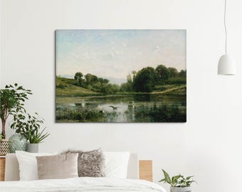 Vintage French Landscape Wall Art Print, Green Pond Bedroom Decor, Farmhouse