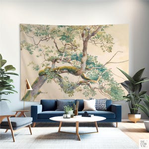 May include: A large wall tapestry featuring a watercolor painting of a tree with green leaves and mossy branches. The artwork has a vintage aesthetic, with a light beige background and a detailed depiction of the tree's structure. The tapestry is displayed in a living room setting.