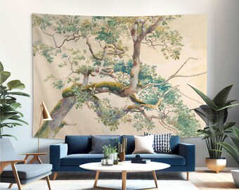 Tapiz victoriano de ramas de árbol para dormitorio - Arte natural en acuarela verde musgo. TRE001EU
