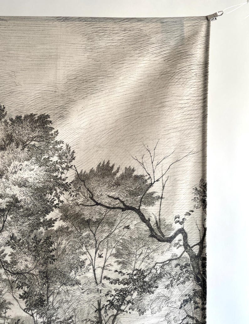 Forest tapestry monochrome print, Tree wall art drawing, German artist, Fabric wall hanging. LAN022EU image 3