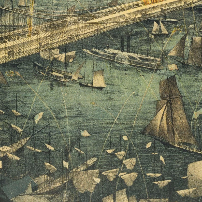 Brooklyn Bridge Fireworks Wall Tapestry for Living Room, 1883 New York Vintage Decor. MAP002 image 9